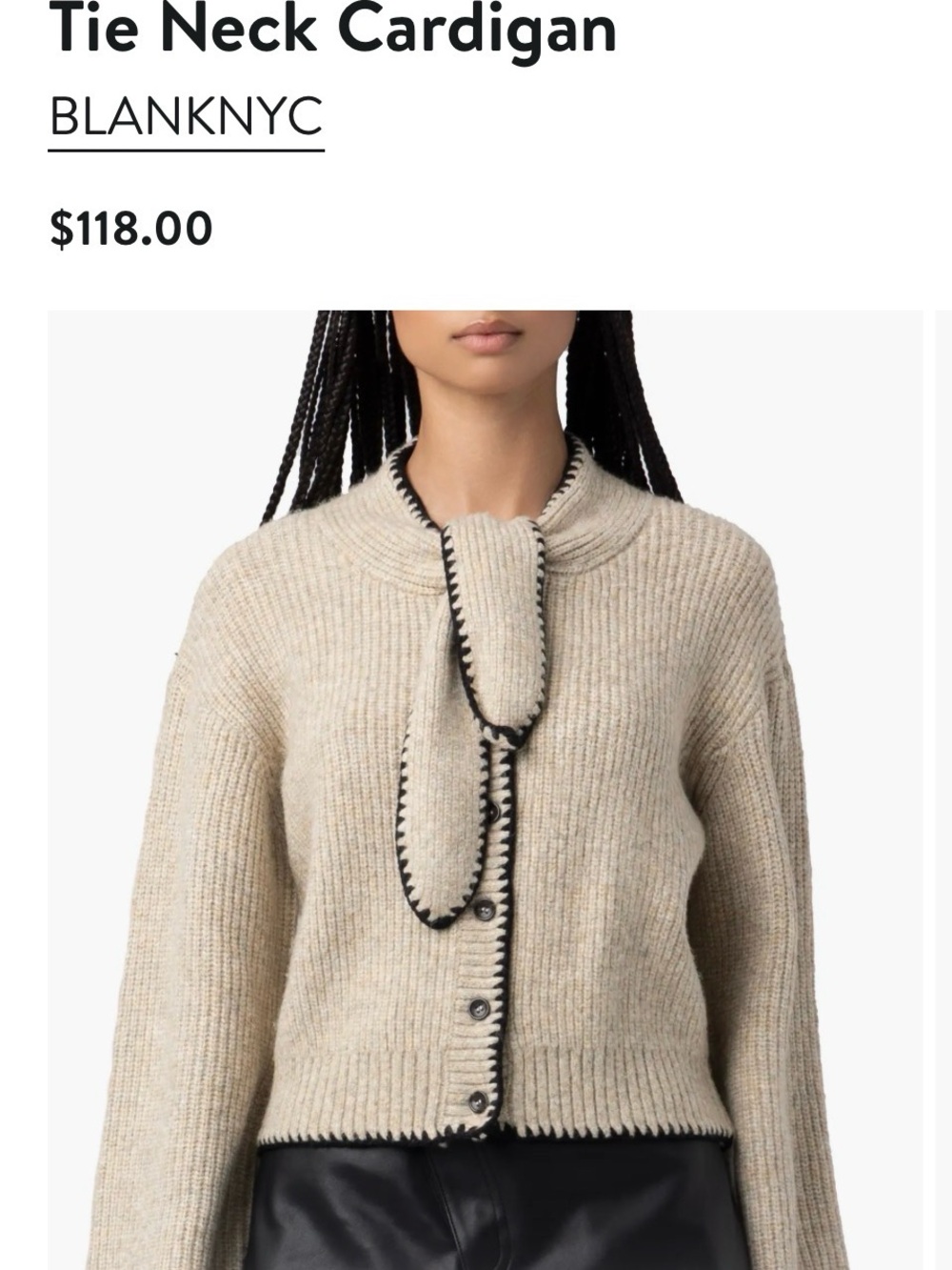 Blank NYC Beige Ribbed Tie-Neck Cardigan with Black Trim